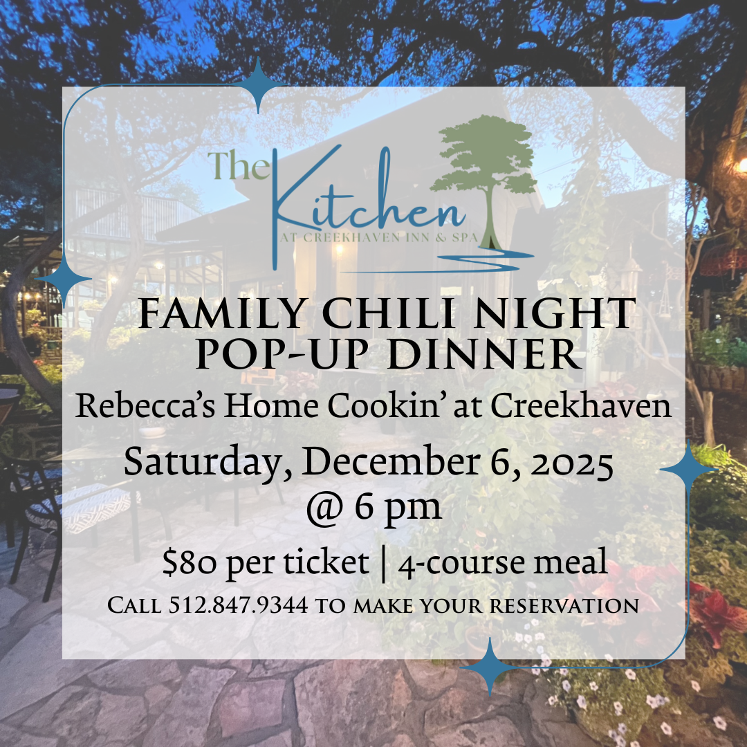 Image of creekhaven Inn & Spa patio with family chili night pop up dinner date December 6, 2025