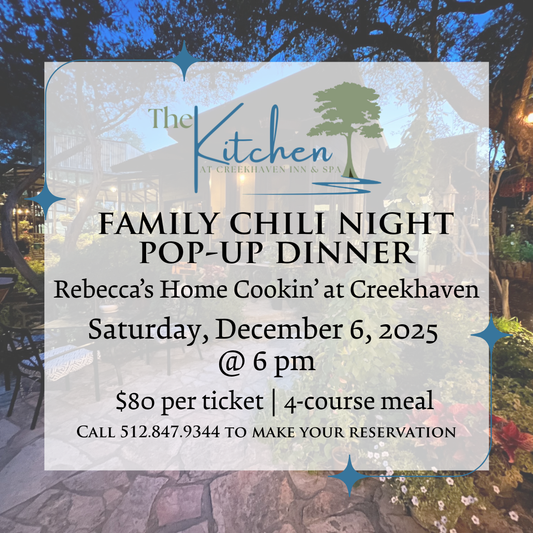 Image of creekhaven Inn & Spa patio with family chili night pop up dinner date December 6, 2025